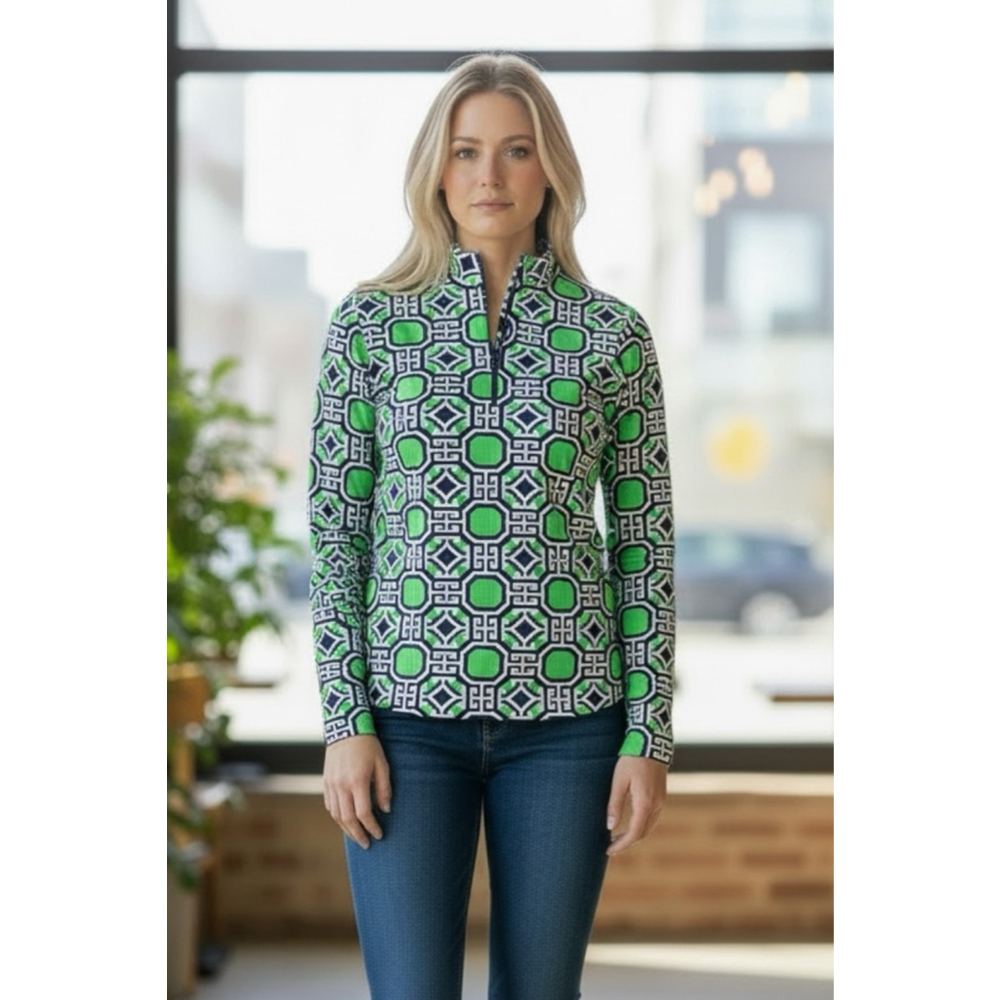 IBKUL Long Sleeve Top Green Navy Geometric Print small